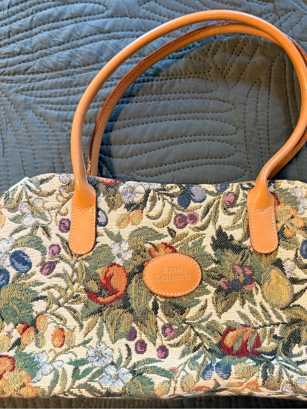 Floral Tapestry Tote with Tan Leather Trim
